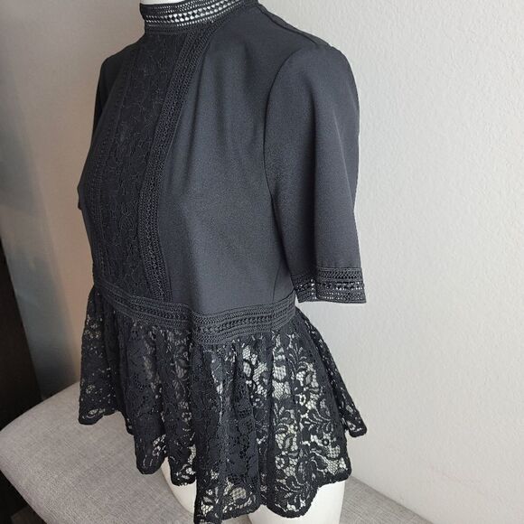 NWT ZARA WOMAN Lace Blouse Peplum Black Short Sleeve Mock Neck - Picture 6 of 14